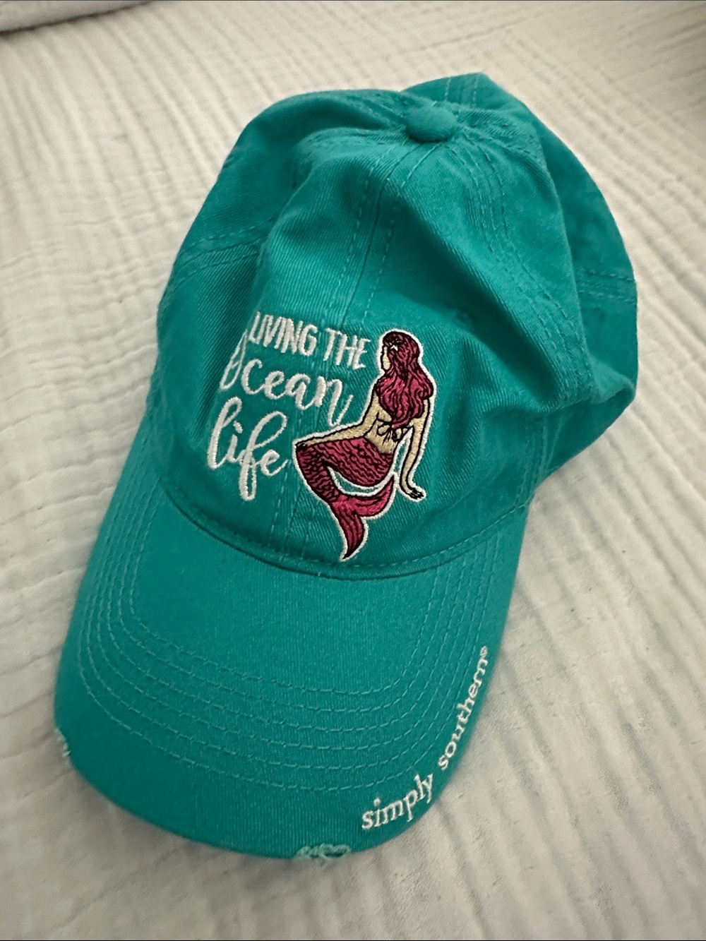 Simply Southern teal cap with pink mermaid living the ocean life embroidery hat